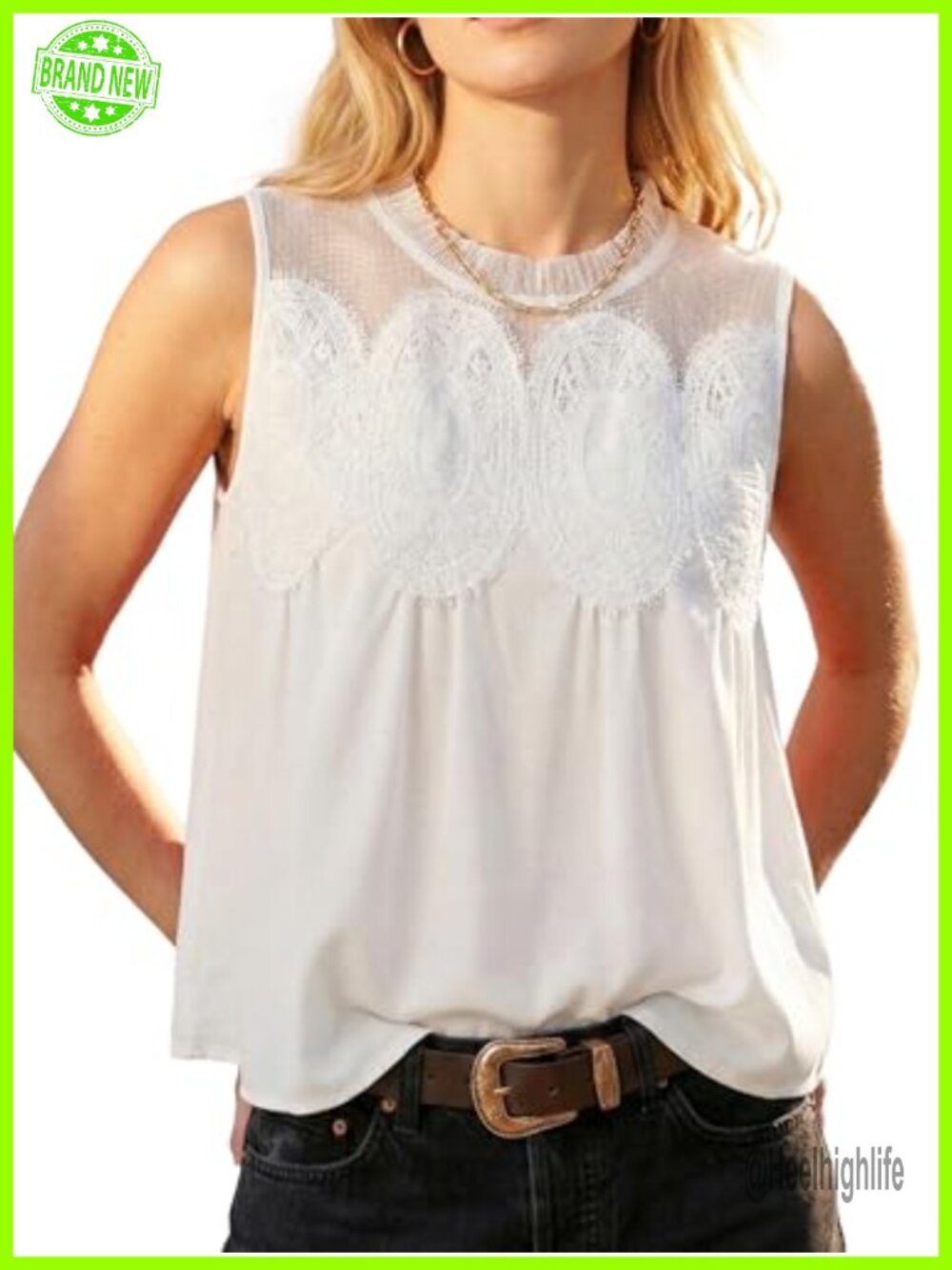 Lace Tank Top Sleeveless Flared Mesh Swing Blouse Dressy Casual Babydoll Shirt